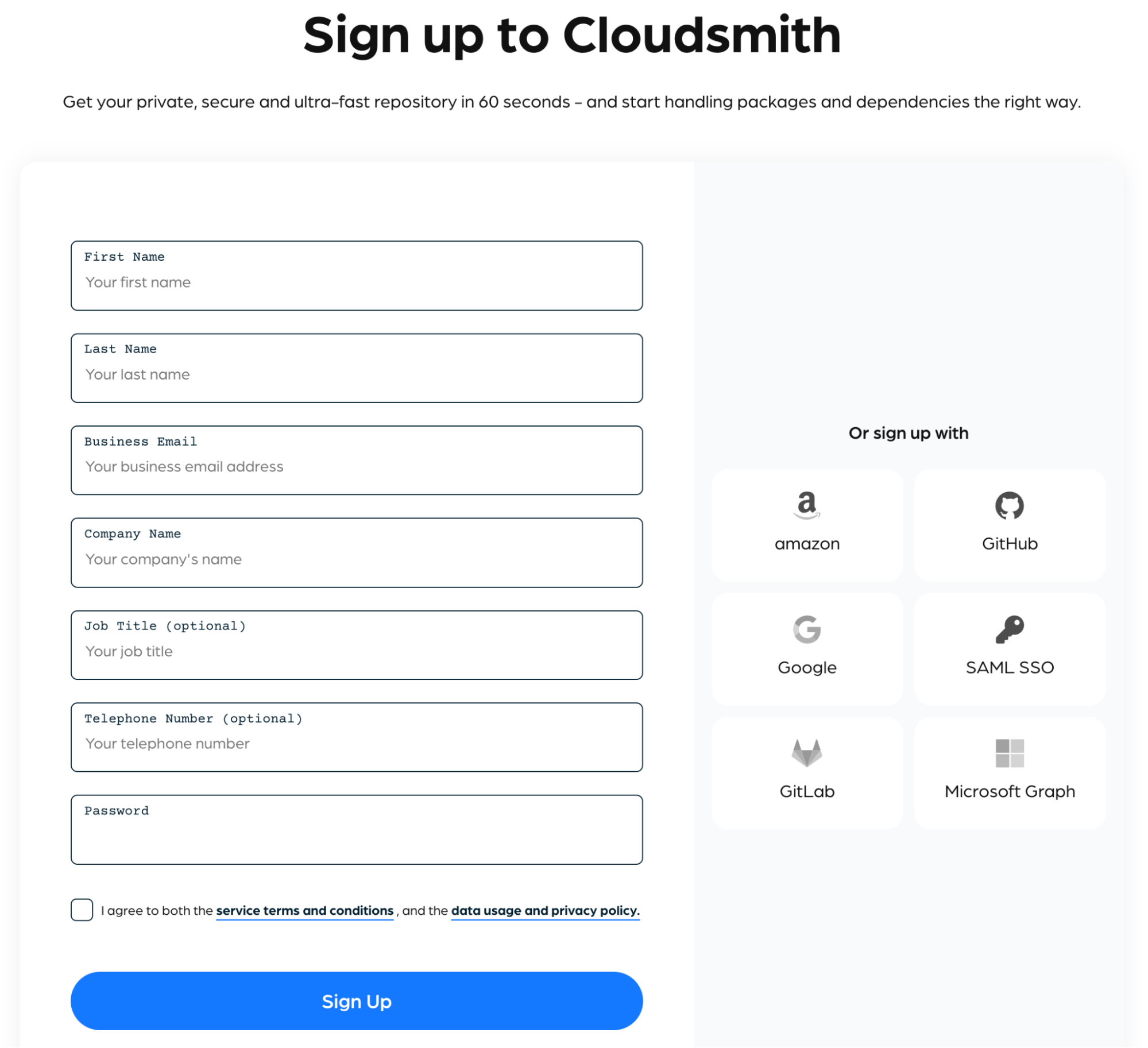 Screenshot of the Cloudsmith signup page