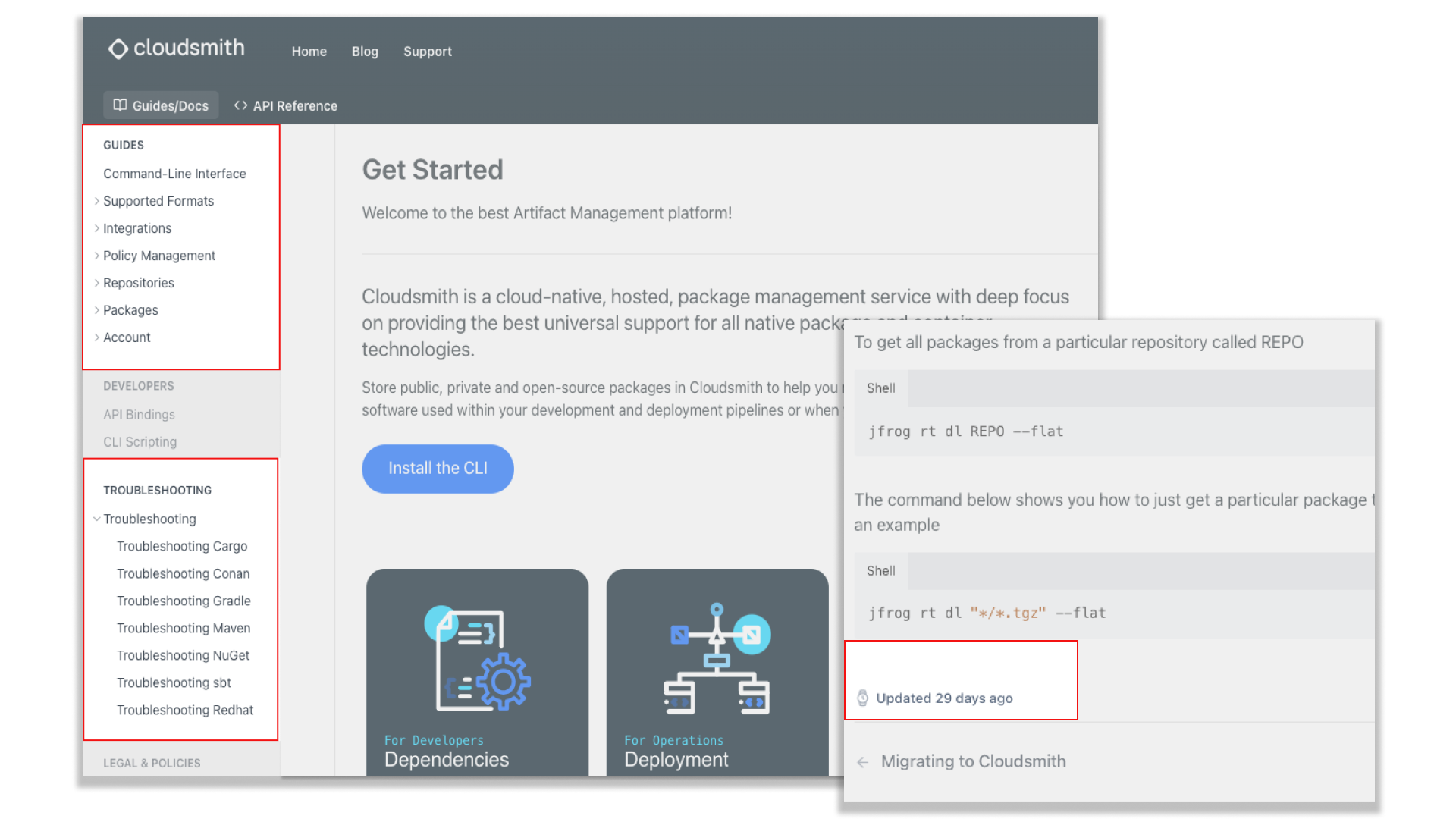 Screenshots from Cloudsmith's documentation hub showing lists of user guides, troubleshooting guides and update dates